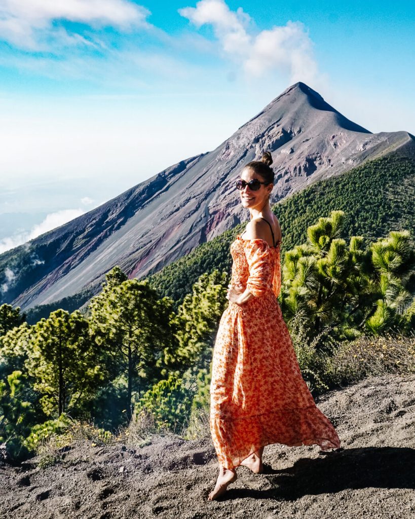 Deborah in front of Fuego volcano at campsite