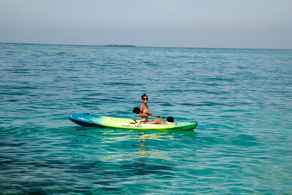 Deborah in kayak on Caribbean Sea.