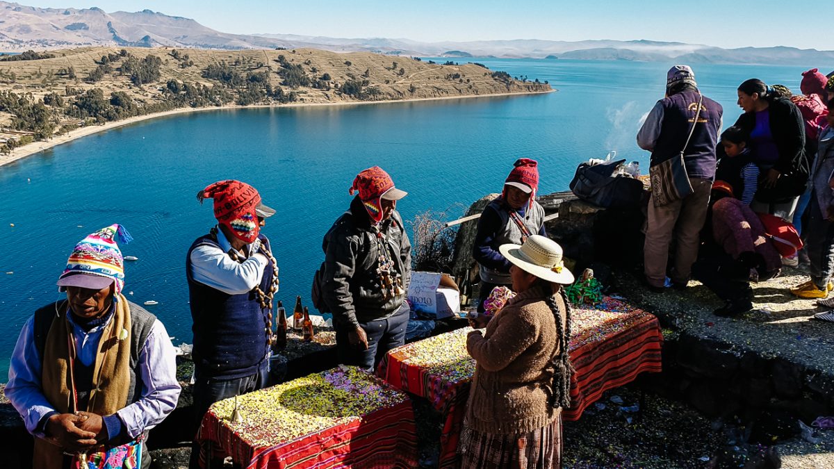 shamans on Cerro Calvario during Independence Day, one of the best things to do in Copacabana Bolivia