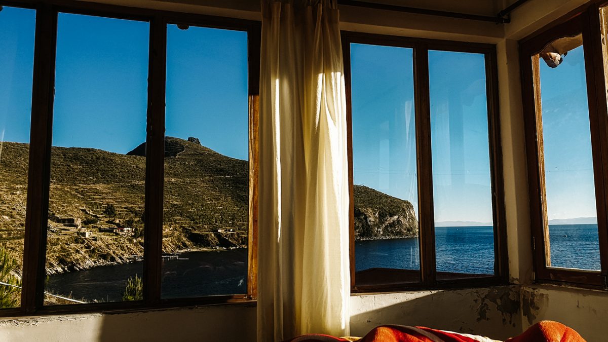 view of Lake Titicaca from hotel in Isla del Sol