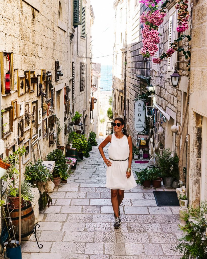 deborah in streets of Korcula, Dalmatian coast of Croatia