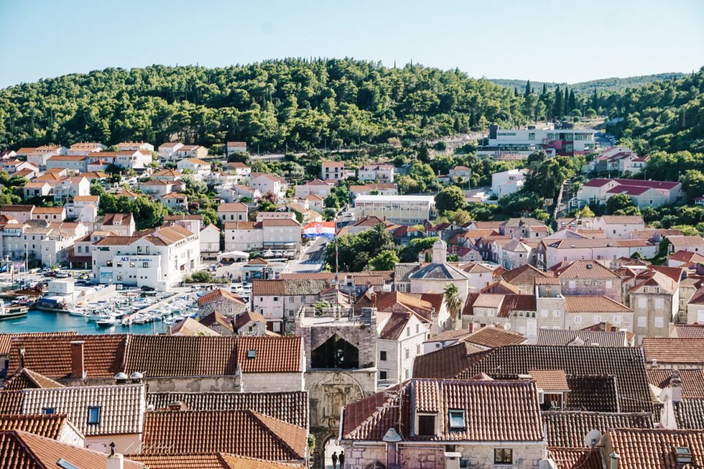 view of clock tower in Korcula Croatia