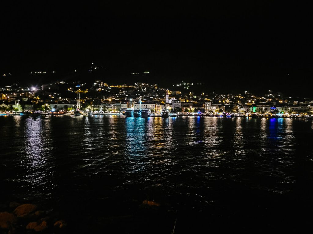 view of St Peter monument in Makarska by night, one of the places you visit with a Sail  Croatia cruise on the mainland