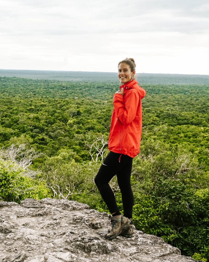 Deborah at La Danta temple during the el Mirador Guatemala trek tour - enjoying view