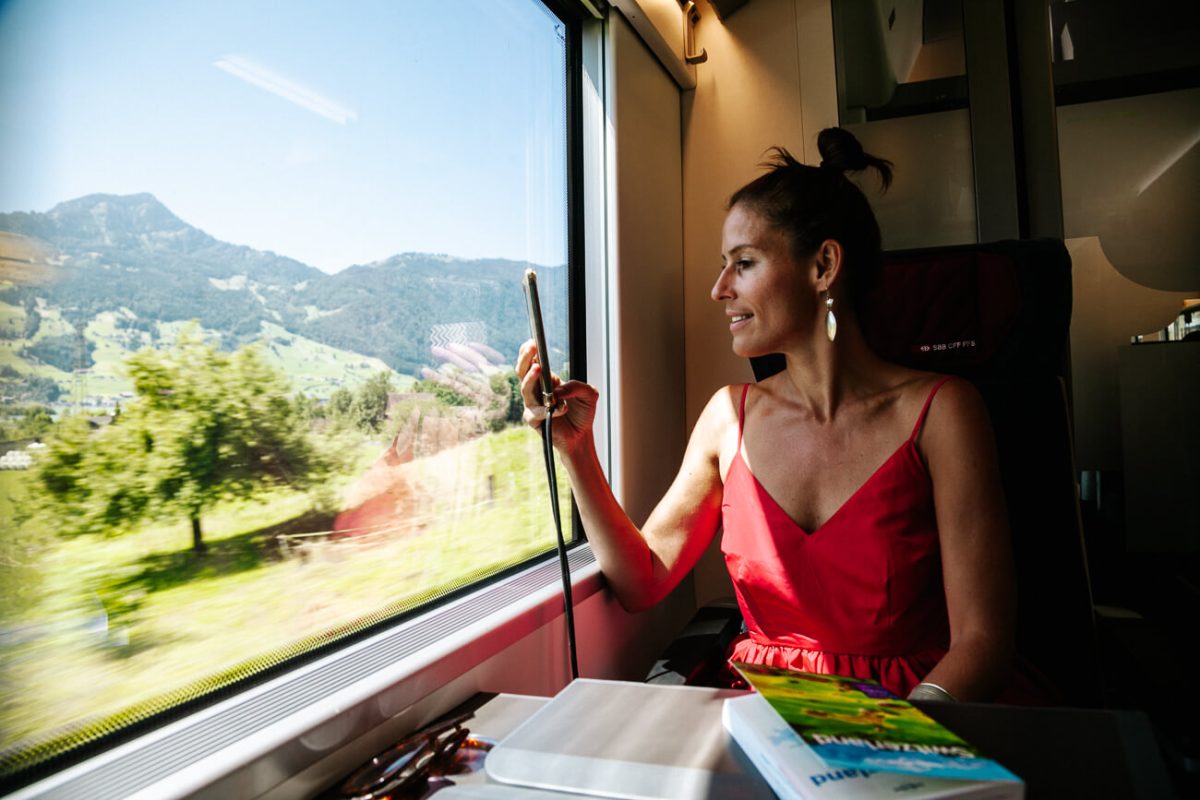 Deborah in train on her way to Ticino