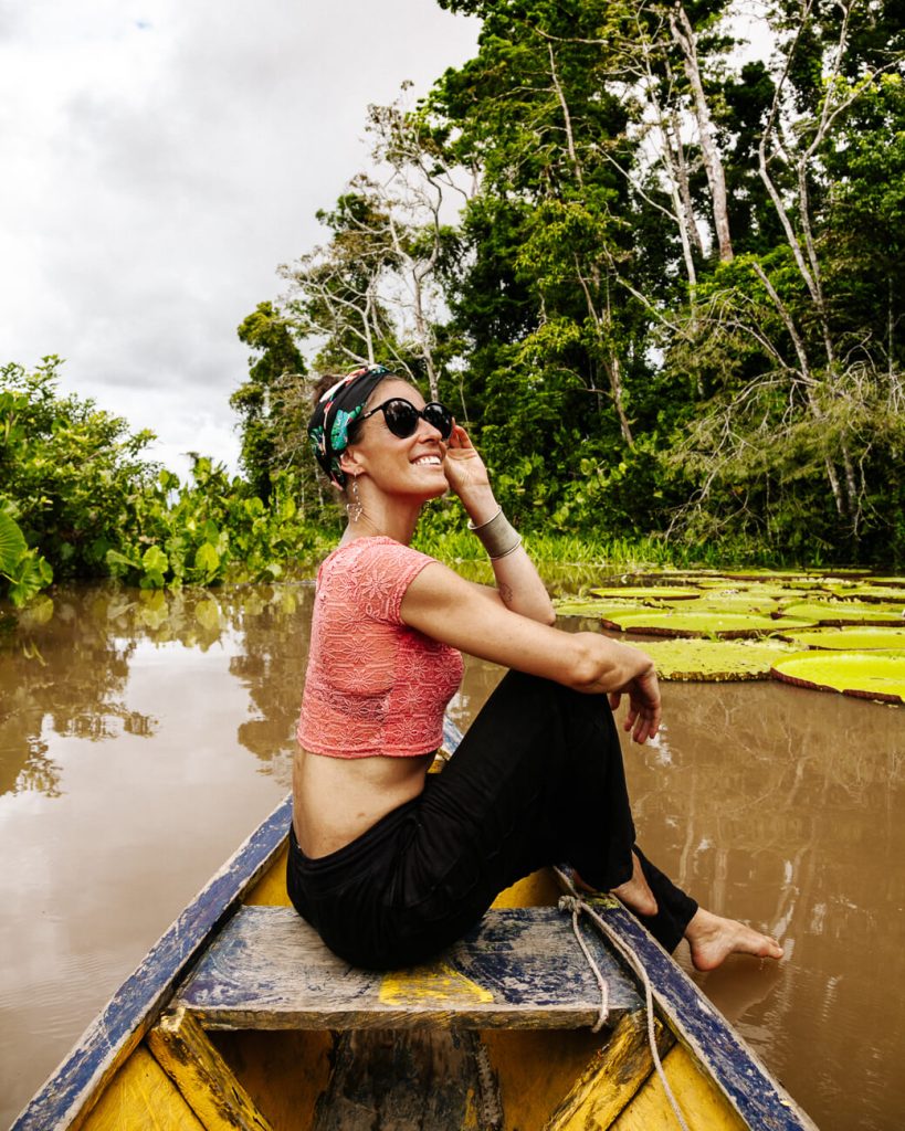 deborah next to lotus leafs in Colombian Amazon 