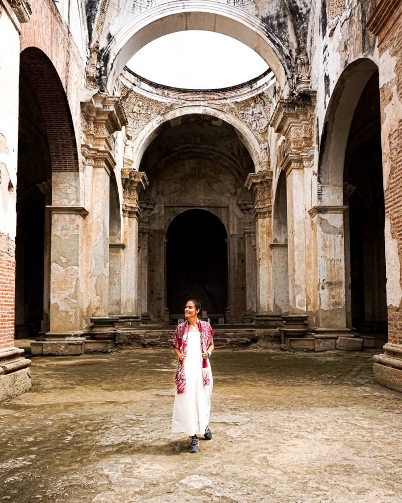 Deborah in ruins of the cathedral, one of the best things to do in Antigua Guatemala.