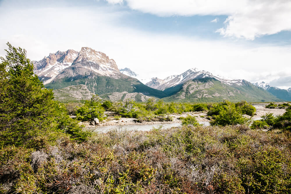 Landscape view during trekking to Laguna Torre, one of the day hikes in El Chaltén.