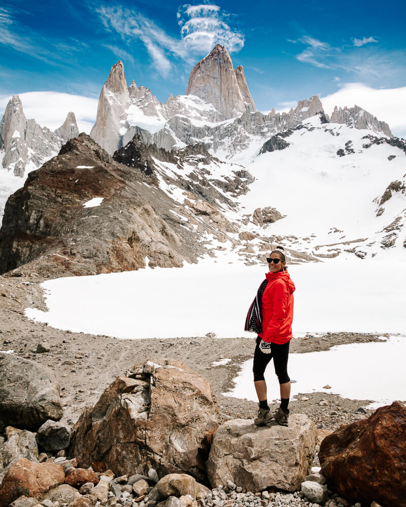 Deborah at Laguna de los Tres, one of the best day hikes in El Chaltén Argentina.