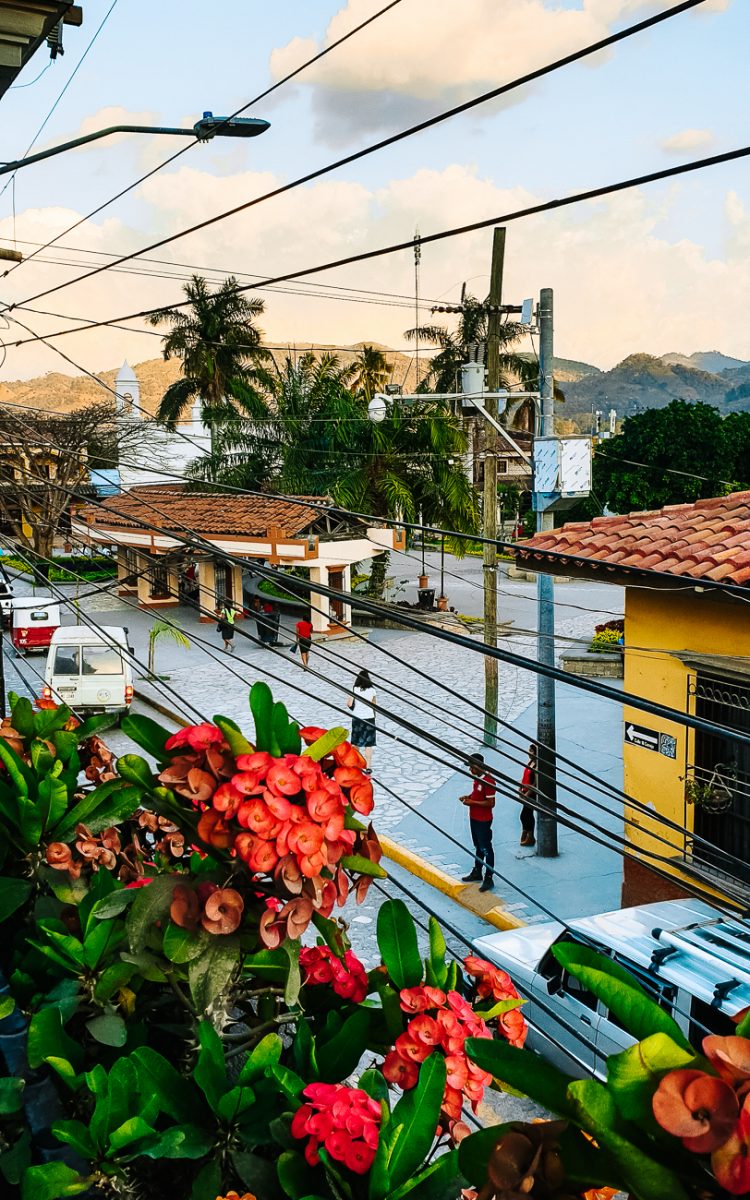 view from cafe welchez of Plaza central in Copan