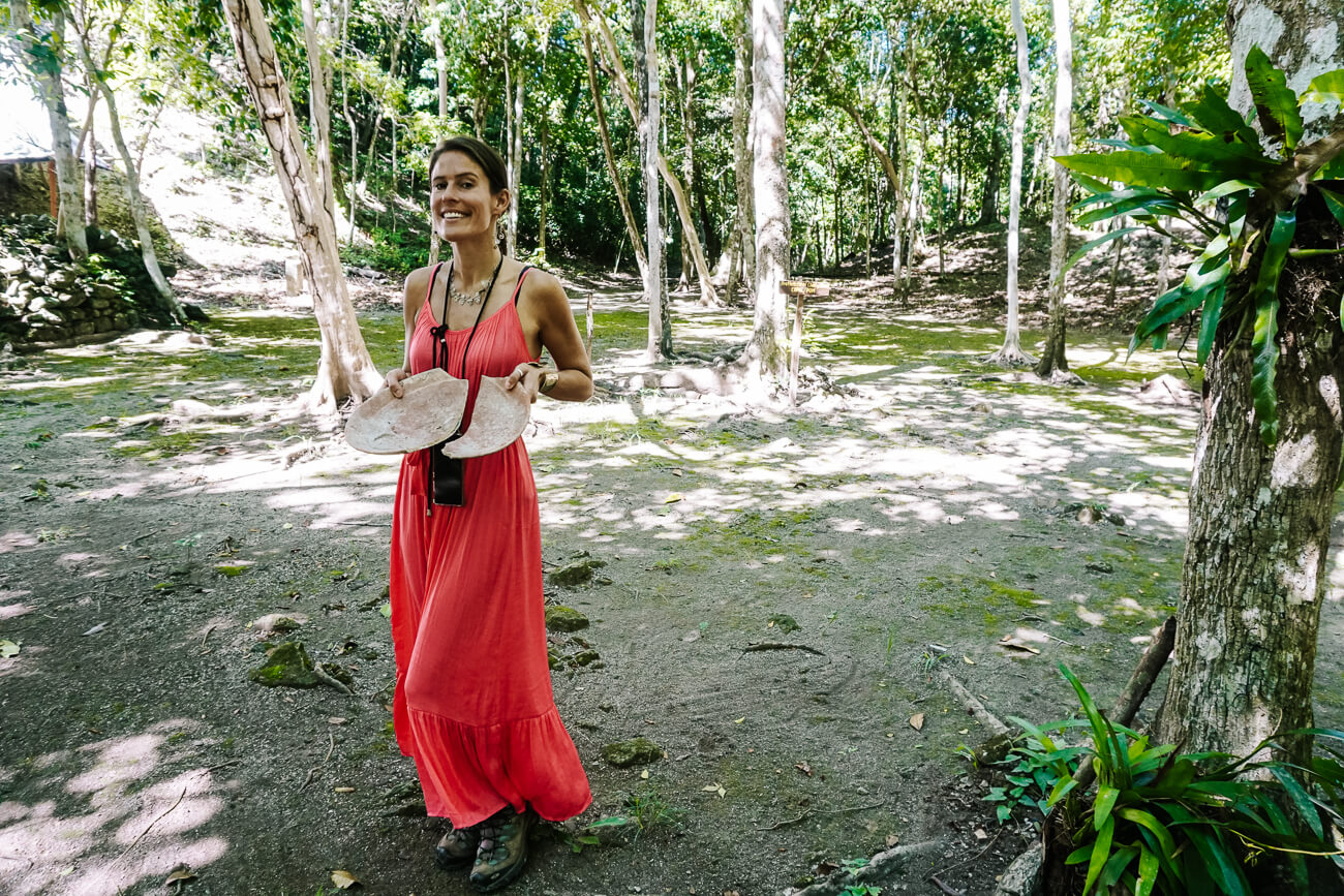 Deborah with Maya pottery in Nakbe