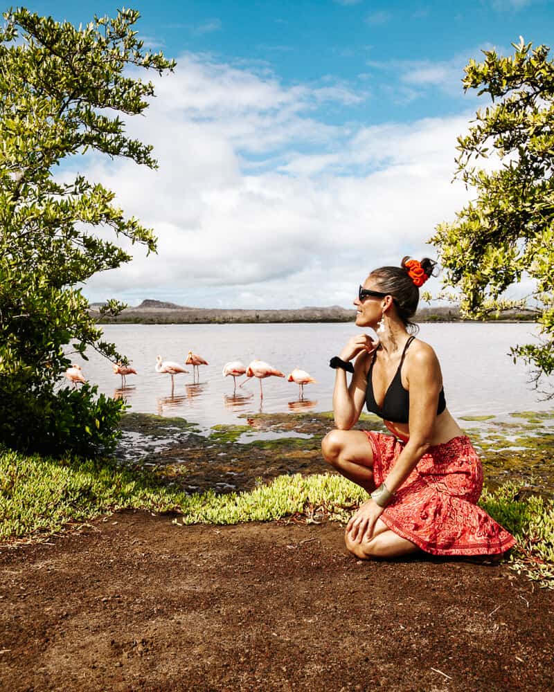 Deborah with flamingos at Cormorant Point at island Floreana. 