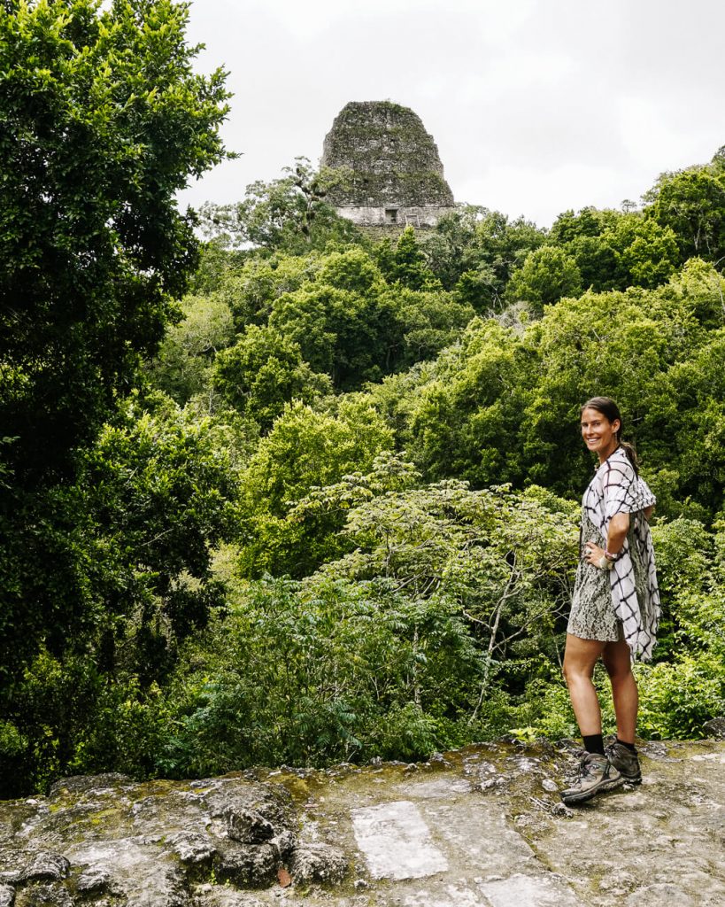 deborah in front of pyramid in Tikal in Guatemala