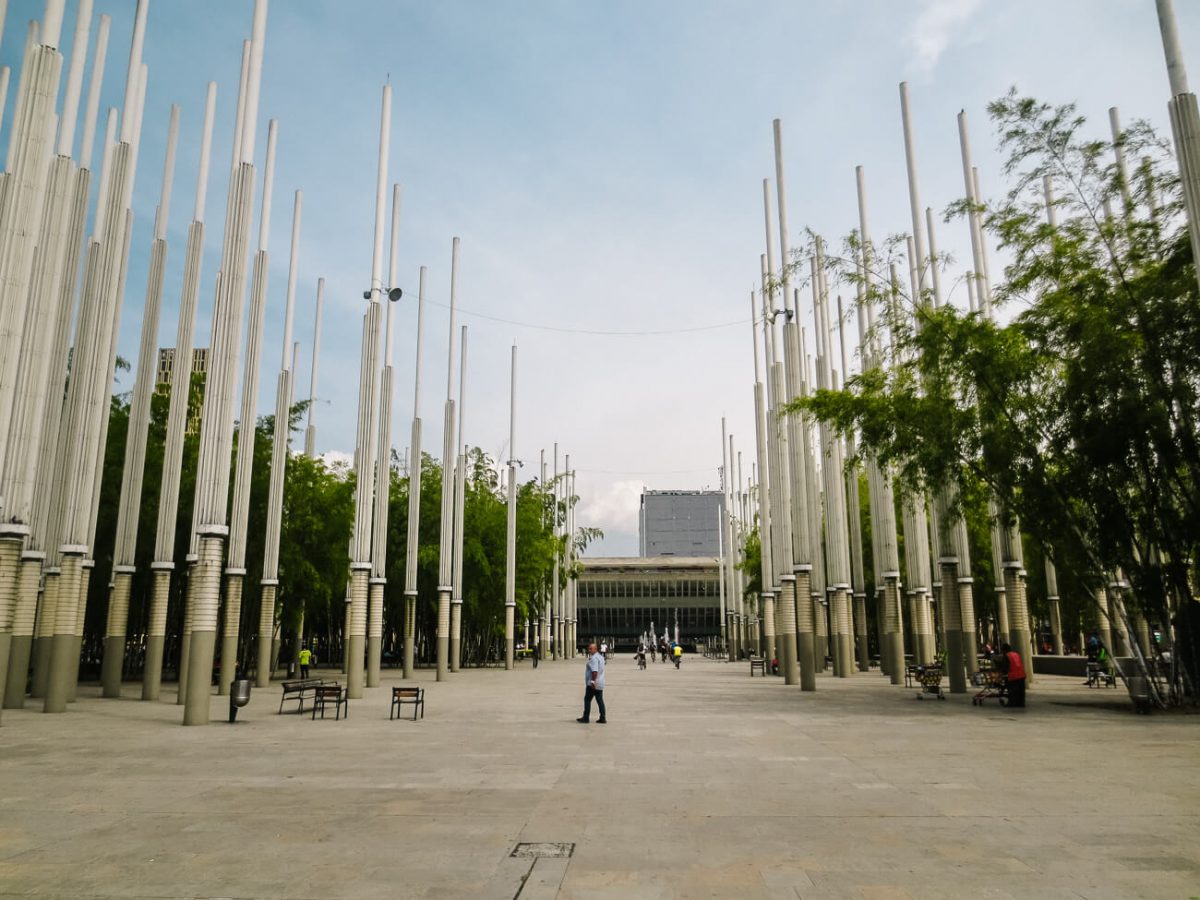 There are 300 metal masts on the Parque de las Luces o Plaza Cisneros square, that light up in the evening - one of the things to do in Medellin Colombia downtown. 