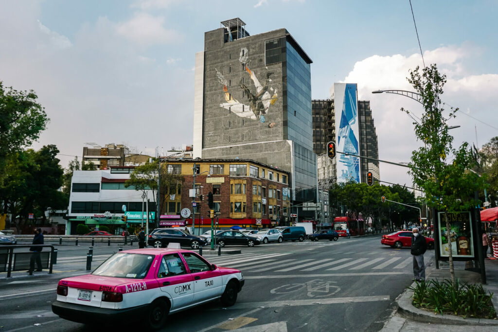 Pink taxi in the streets of Mexico.