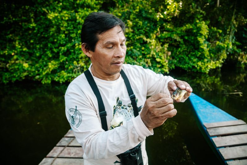 Guide Luis of Rainforest Expeditions shows teeth of piranha