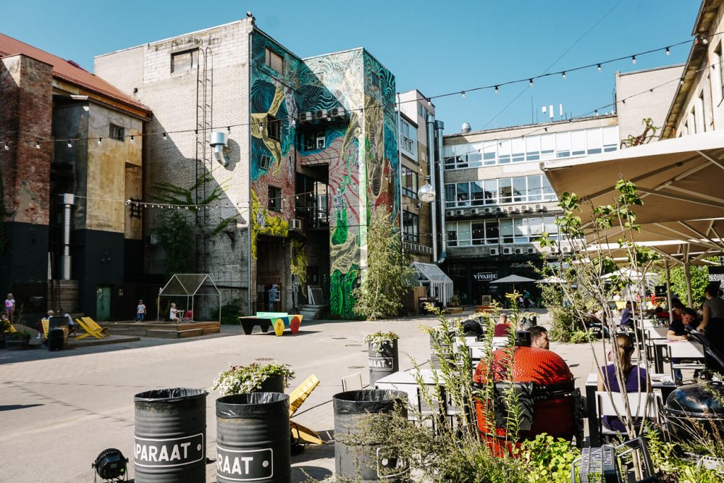 courtyard of Aparaaditehas, a former sovjet factory, nowadays a creative hotspot with restaurants, stores and art galleries,  one of the top things to do in Tartu Estonia