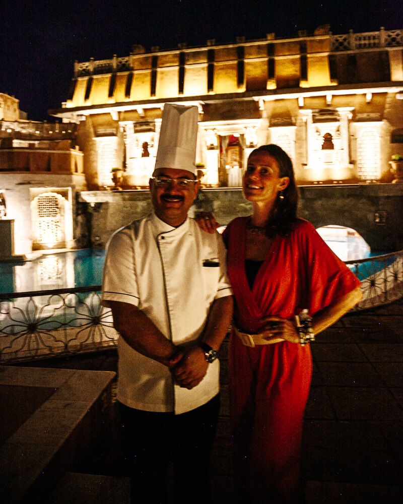 Deborah with chef in restaurant of Ajit Bhawan.