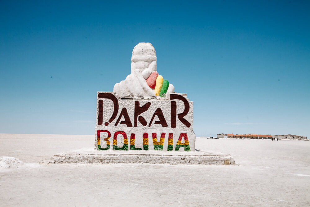 Monument of the Dakar Rally on the Salar de Uyuni.