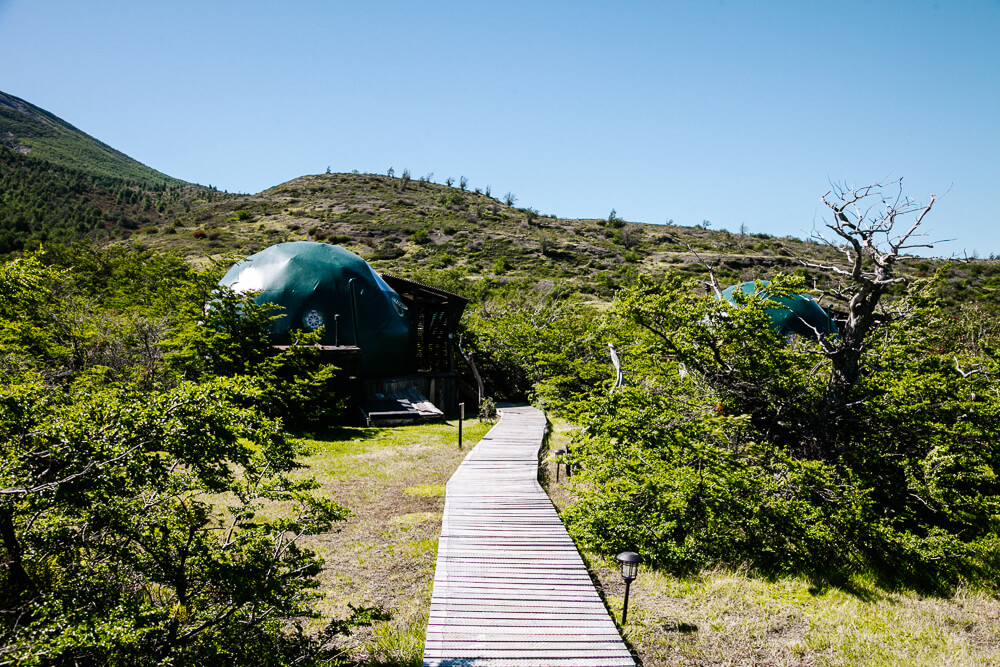 Trails around Ecocamp Patagonia dome hotel in Torres del Paine Chile.