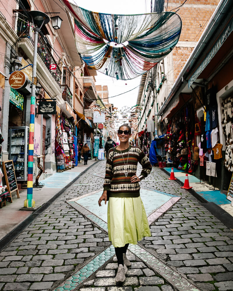 One of the best places to go shopping in La Paz is the Calle Sagarnaga, the street left of the San Francisco cathedral, with numerous stalls and shops.