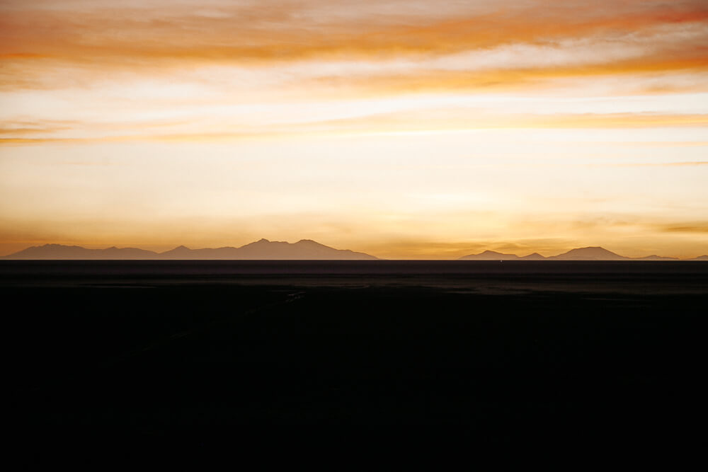 Sunset from Luna Salada salt hotel of Salar de Uyuni Bolivia.