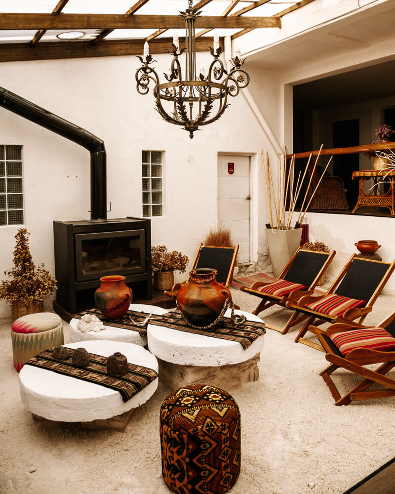 In Luna Salada salt hotel Uyuni Bolivia there are cozy seats with benches and hammocks, made of salt.