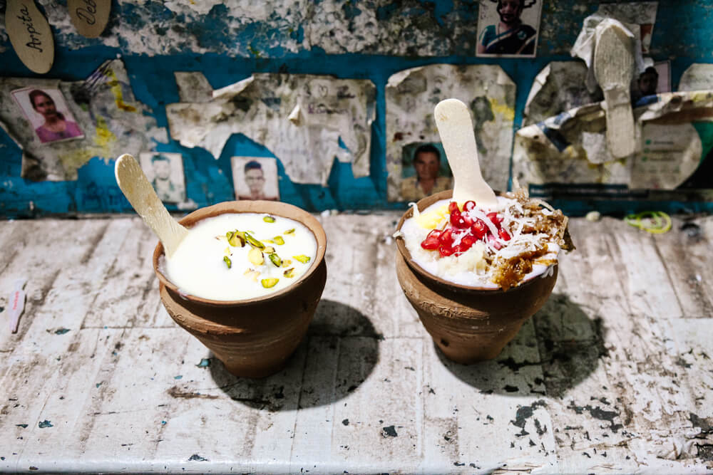 The Blue Lassi Shop in Varanasi India. serves more than 120 varieties. 