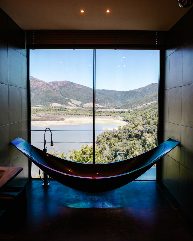 Bathroom with view from Vik Chile Hotel.