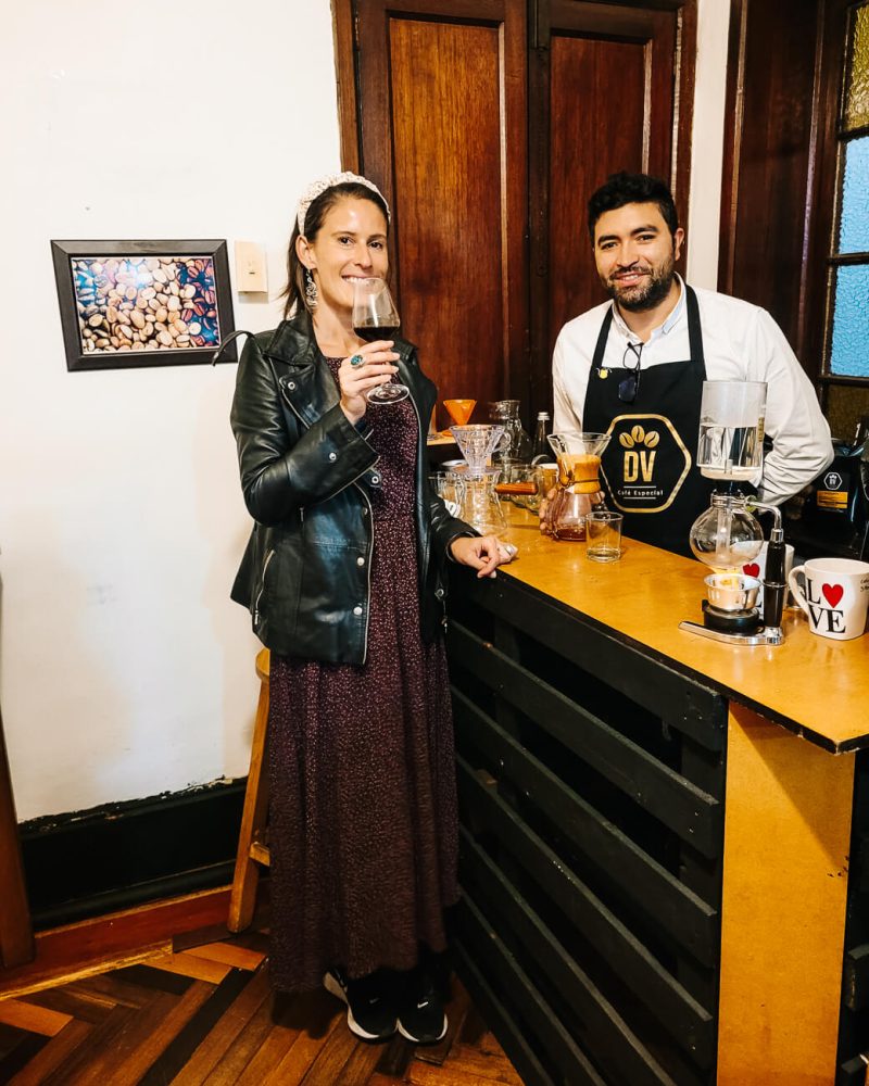 Leandro Galindo Giraldo and Deborah during coffee tasting, one of the best things to do in Bogota if you like coffee.