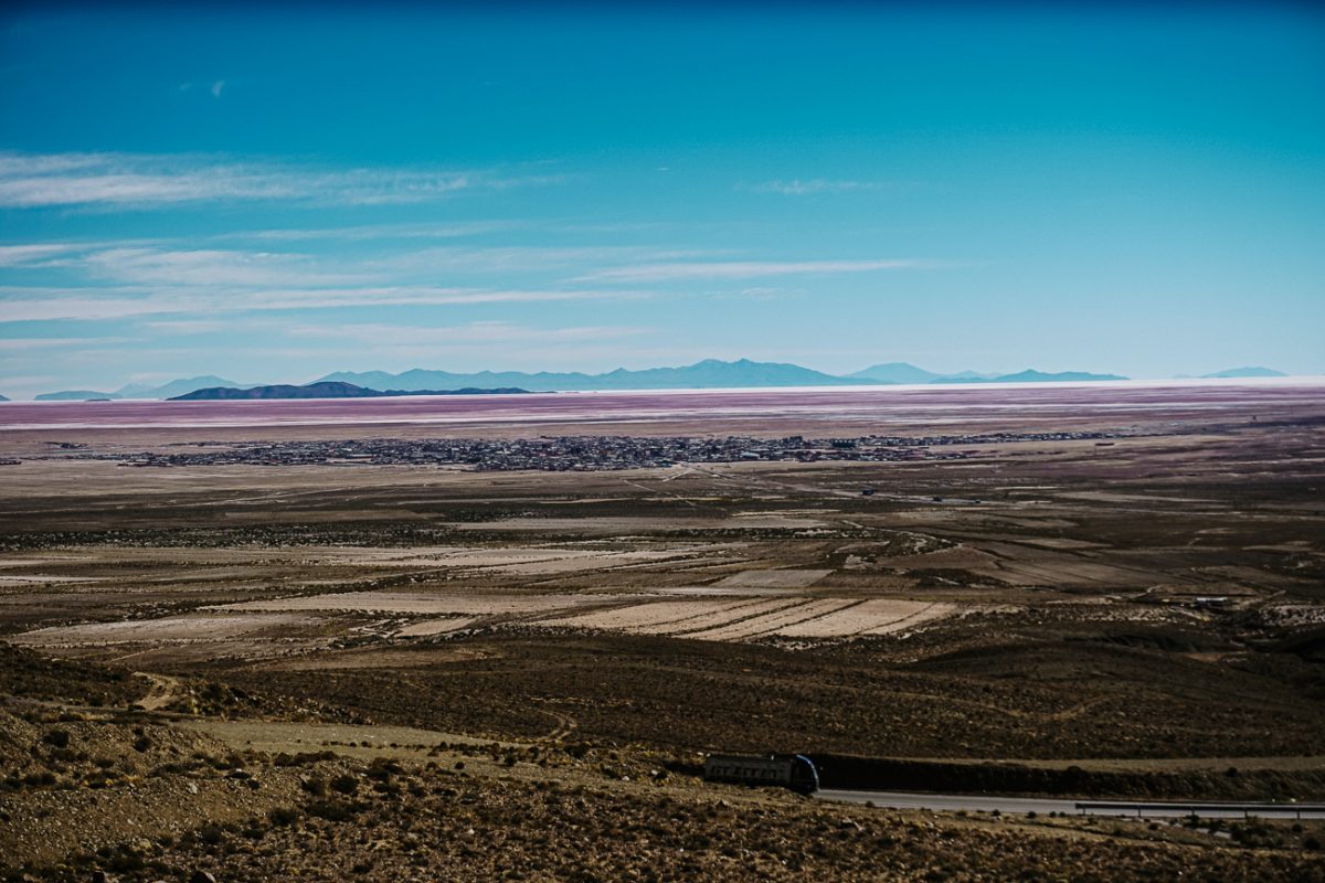 Uyuni Bolivia salt flats in the distance.